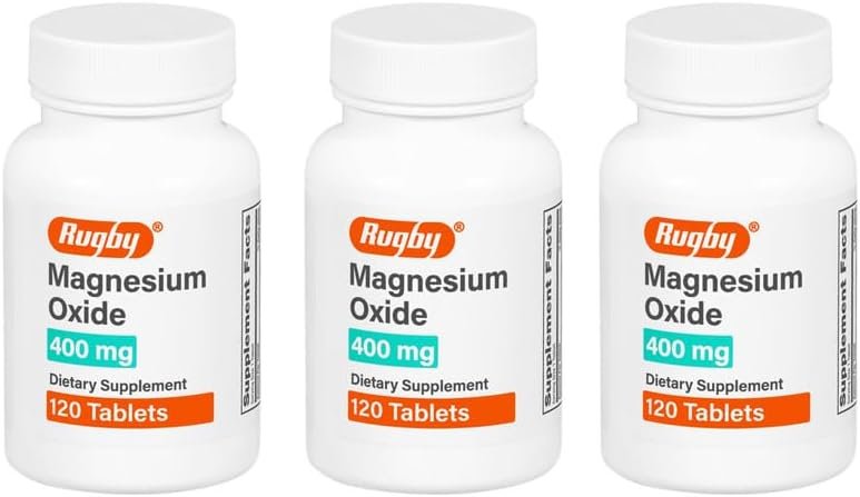 Rugby Magnesium Oxide 400 mg Tablets – Dietary Supplement – Gluten-Free – 120 Count (3 Pack)