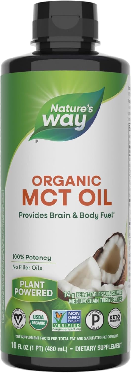 Nature’s Way Organic MCT Oil, 16 Fl Oz, Brain and Body Fuel from Coconuts*, C8 Caprylic Acid and C10 Capric Acid, Keto and Paleo Certified, Organic, Non-GMO Project Verified