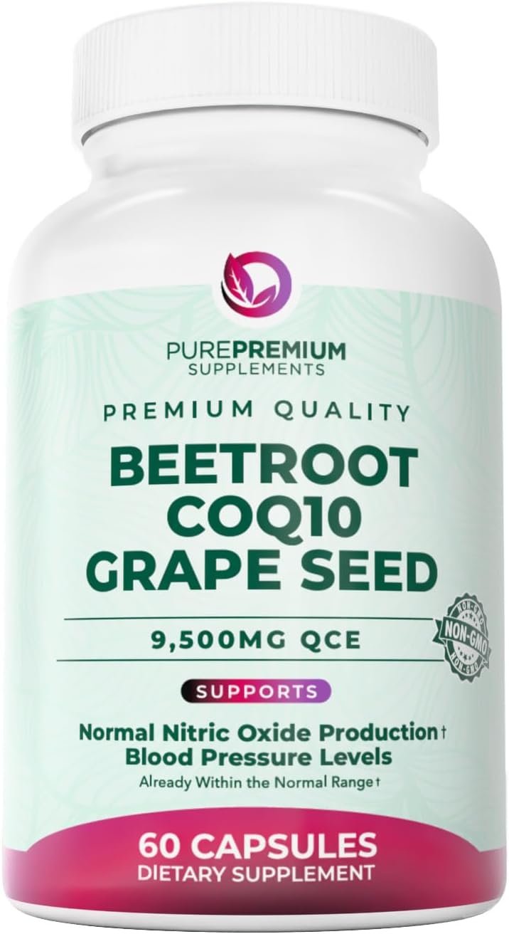 PurePremium Beet Root Capsules – 3-in-1 Blood Pressure Supplements with Beets, CoQ10 & Grapeseed – Beetroot Capsules Nitric Oxide Supplement for Normal Heart Health & Circulation Health – 60ct