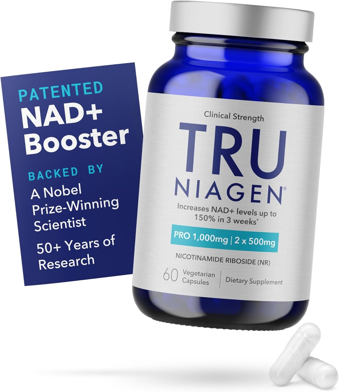 TRU NIAGEN PRO NAD+ Supplement for Brain Function, Anti Aging and Cell Regeneration, 2 x 500mg Patented Niagen, 30 1000mg Servings | Supports Cellular Energy | Nicotinamide Riboside (NR) Take 2 Daily