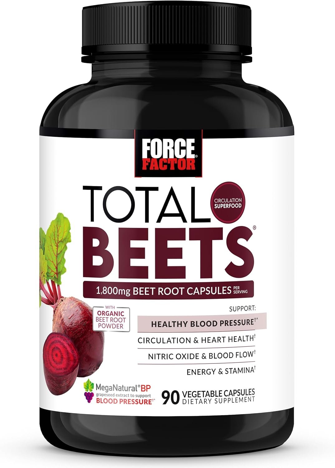 Force Factor Total Beets Blood Pressure Support Beet Root Capsules, 1800mg Organic Beet Root Powder Beet Supplement with Hawthorn Berry to Support Circulation and Blood Flow, 90 Vegetable Capsules