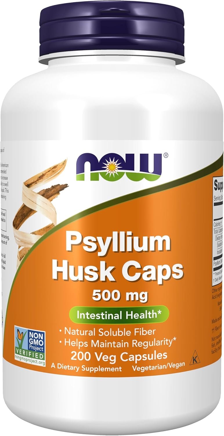 NOW Foods Supplements, Psyllium Husk Caps 500 mg, Non-GMO Project Verified, Natural Soluble Fiber, Intestinal Health*, 200 Veg Capsules