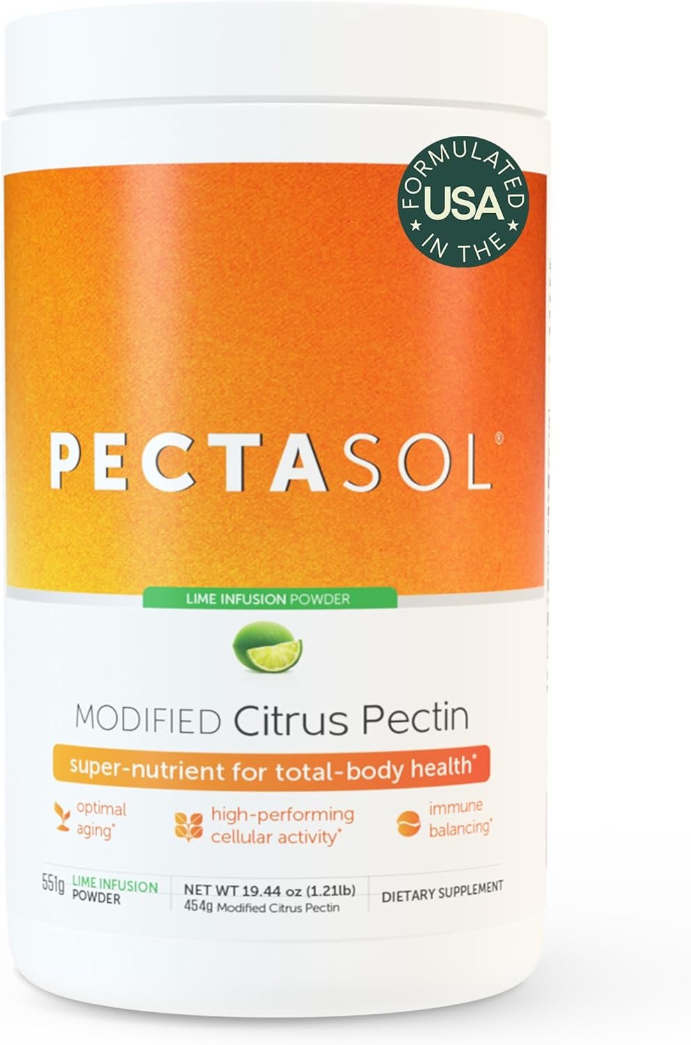 PectaSol Modified Citrus Pectin – 551g Lime Powder – Total-Body Health Supplement to Support Heart, Immune System, Inflammation Response & Healthy Aging + Maintain Healthy Galectin-3 Levels