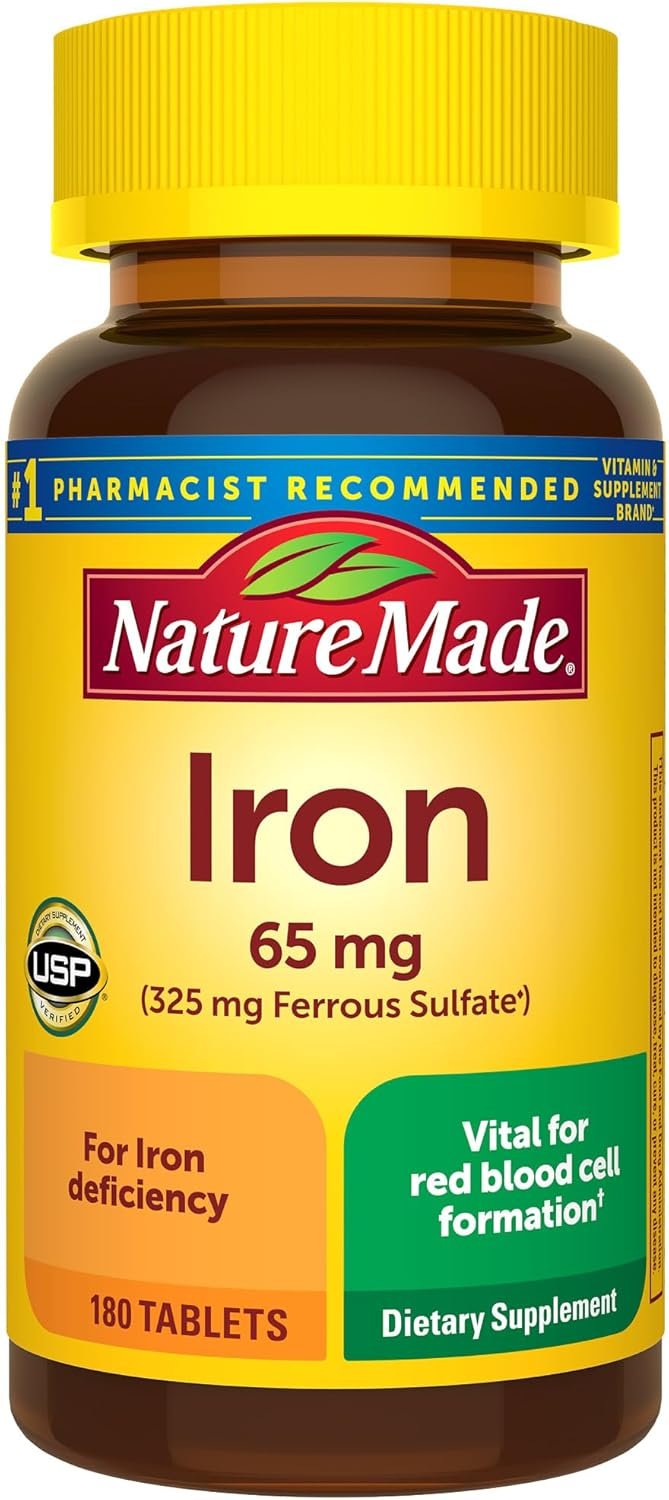 Nature Made Iron 65 mg (325 mg Ferrous Sulfate) Tablets, Dietary Supplement for Red Blood Cell Support, 180 Tablets, 180 Day Supply
