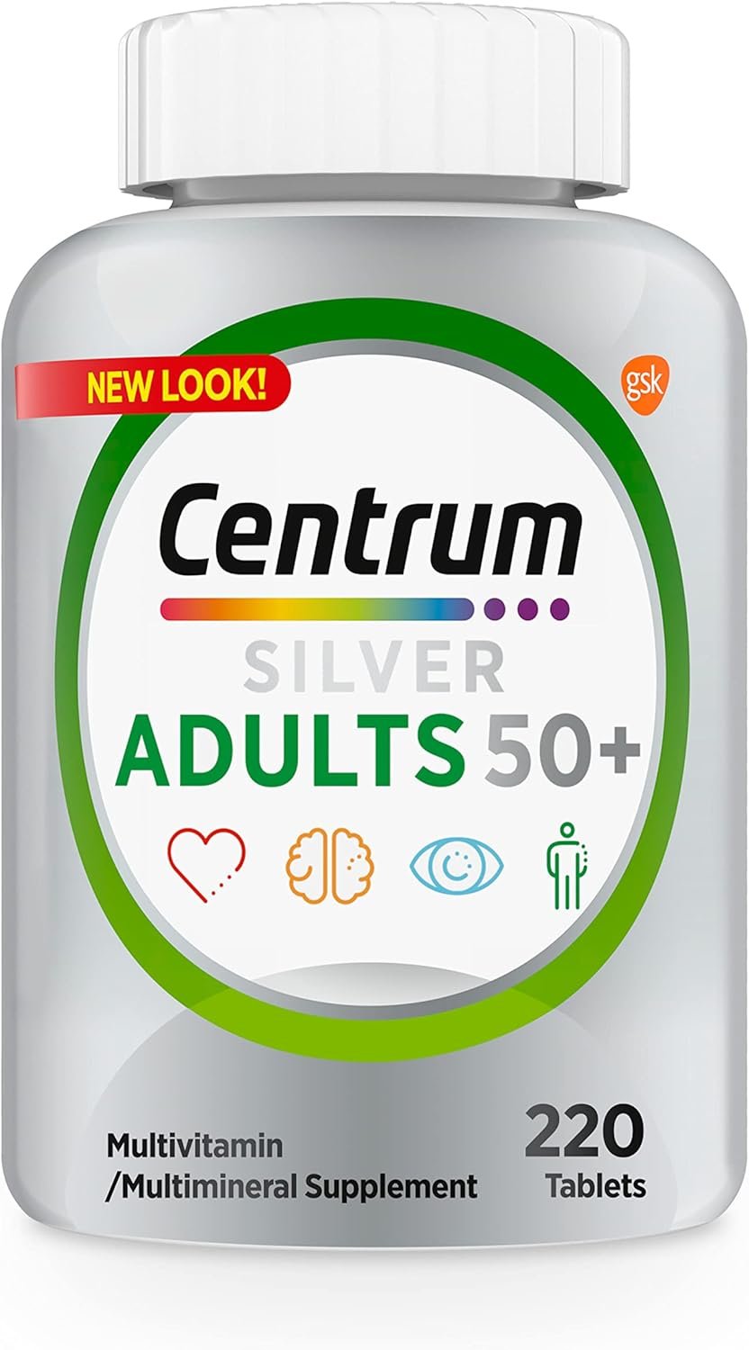 Centrum Silver Multivitamin for Adults 50 Plus, Multivitamin/Multimineral Supplement, Vitamin D3, B Vitamins, Gluten Free, Non-GMO Ingredients, Supports Memory and Cognition in Older Adults – 220 Ct