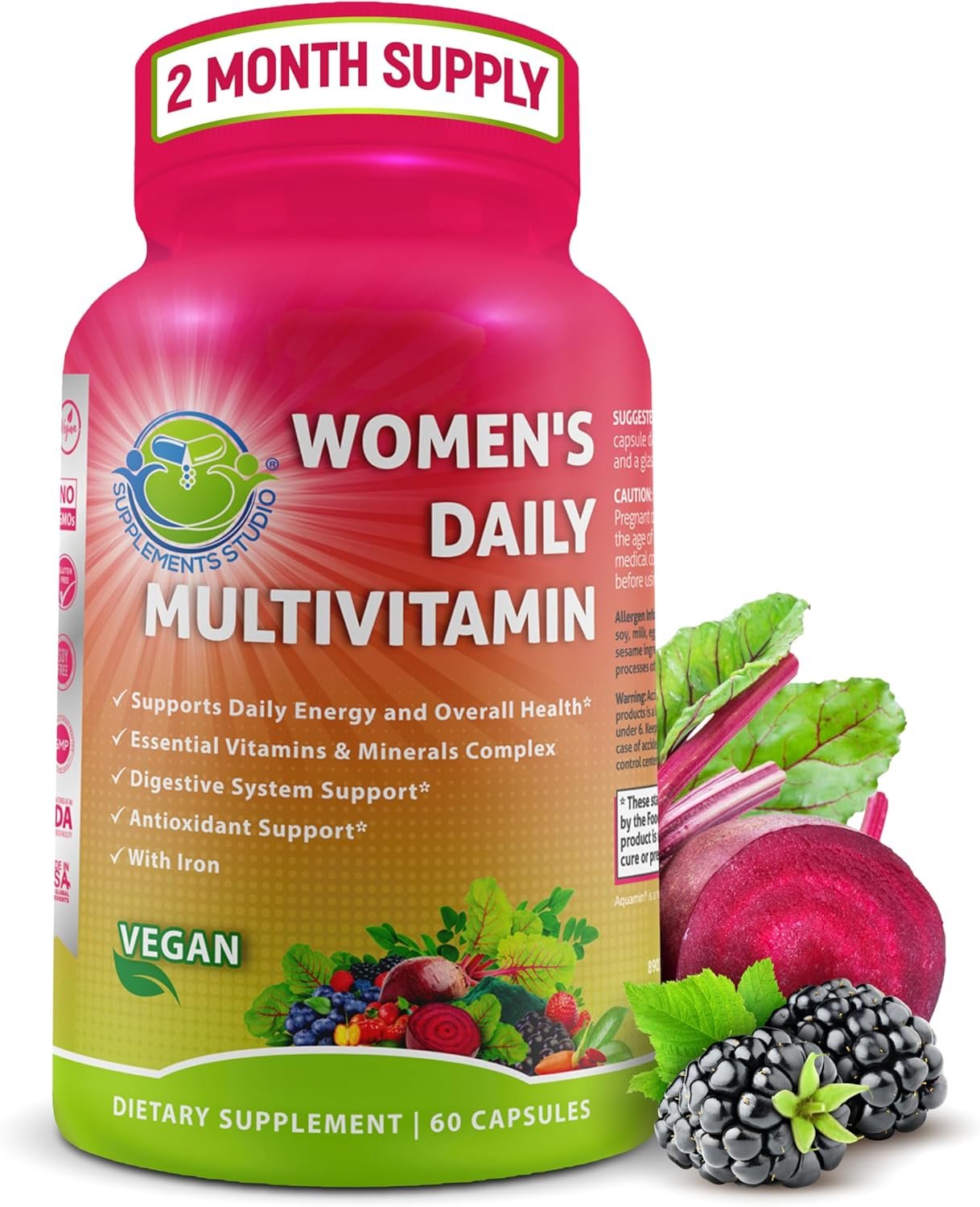 Women’s Daily Multivitamin with Iron – Vegan Methylated Multivitamin for Women with Biotin, Organic Superfoods, Probiotics, B-Complex – Energy, Gut & Optimal Health Support – Easy to Swallow Capsules