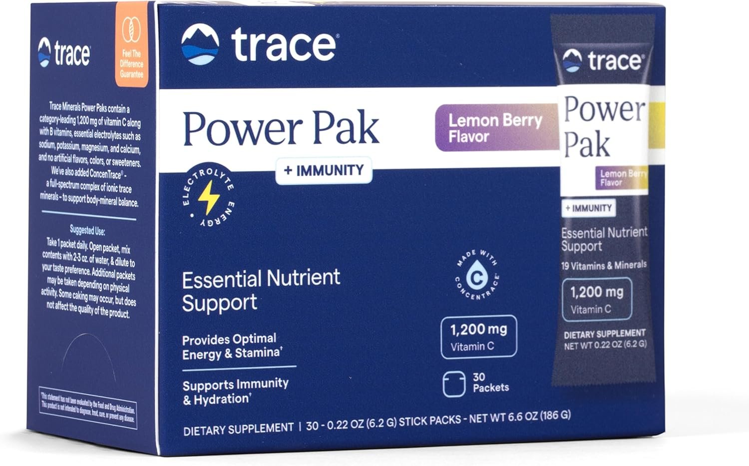 Trace Minerals Power Pak Multivitamin and Multimineral Packets – Electrolyte Support – 1200 mg Vitamin C Plus 70 Lemon Berry Flavor – 30 Packets