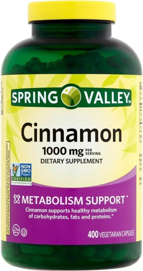 Spring Valley Cinnamon Dietary Supplement, 1000 mg, 400 Vegetarian Capsules – Metabolism Support. Includes Sticker.