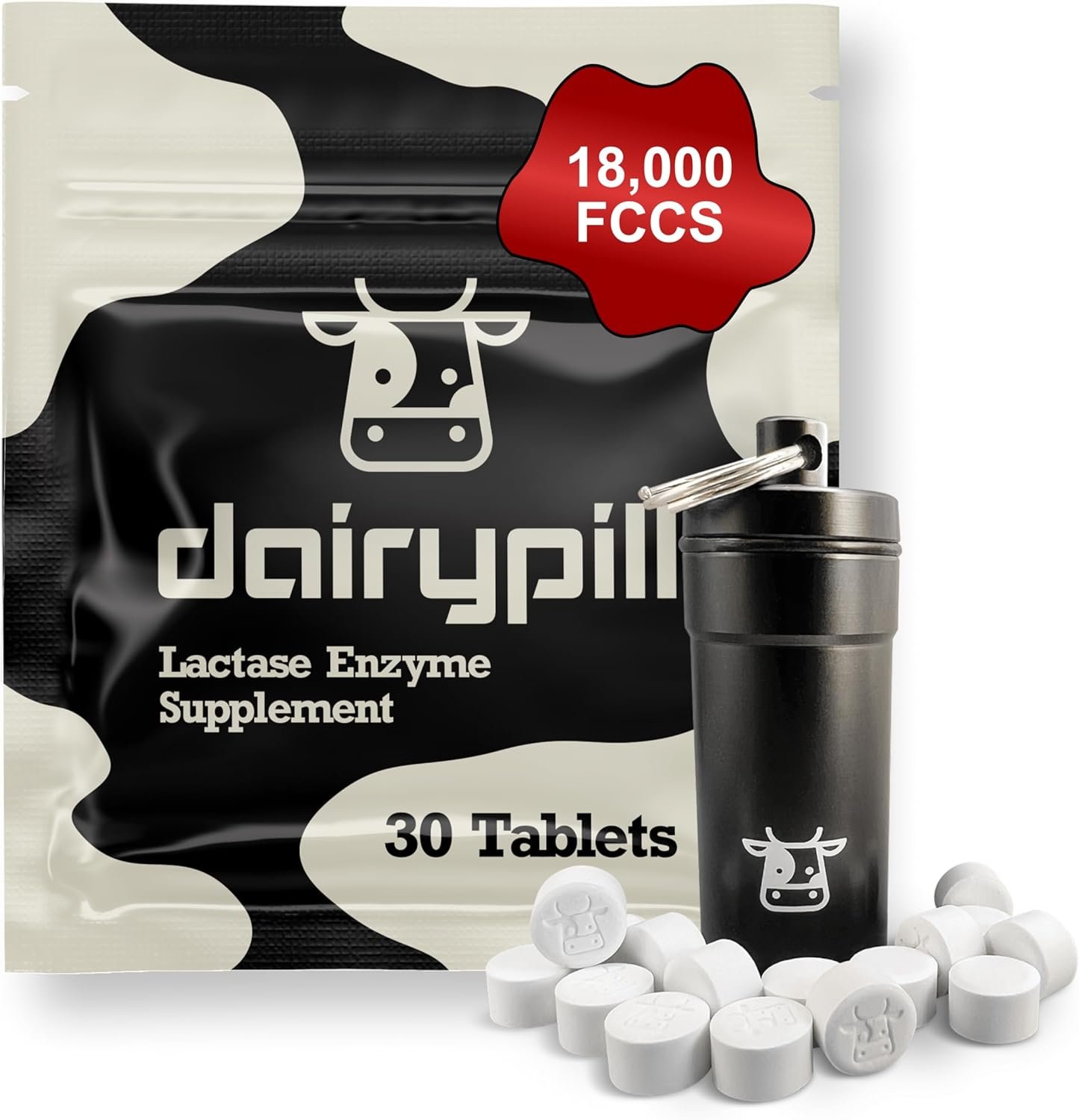 DairyPill Lactase Enzyme 18,000 FCCs per Pill, 30 Count, Solution for Lactose Intolerance, Portable, Easy to Swallow, Preservative and Gluten Free, American Made, Non GMO