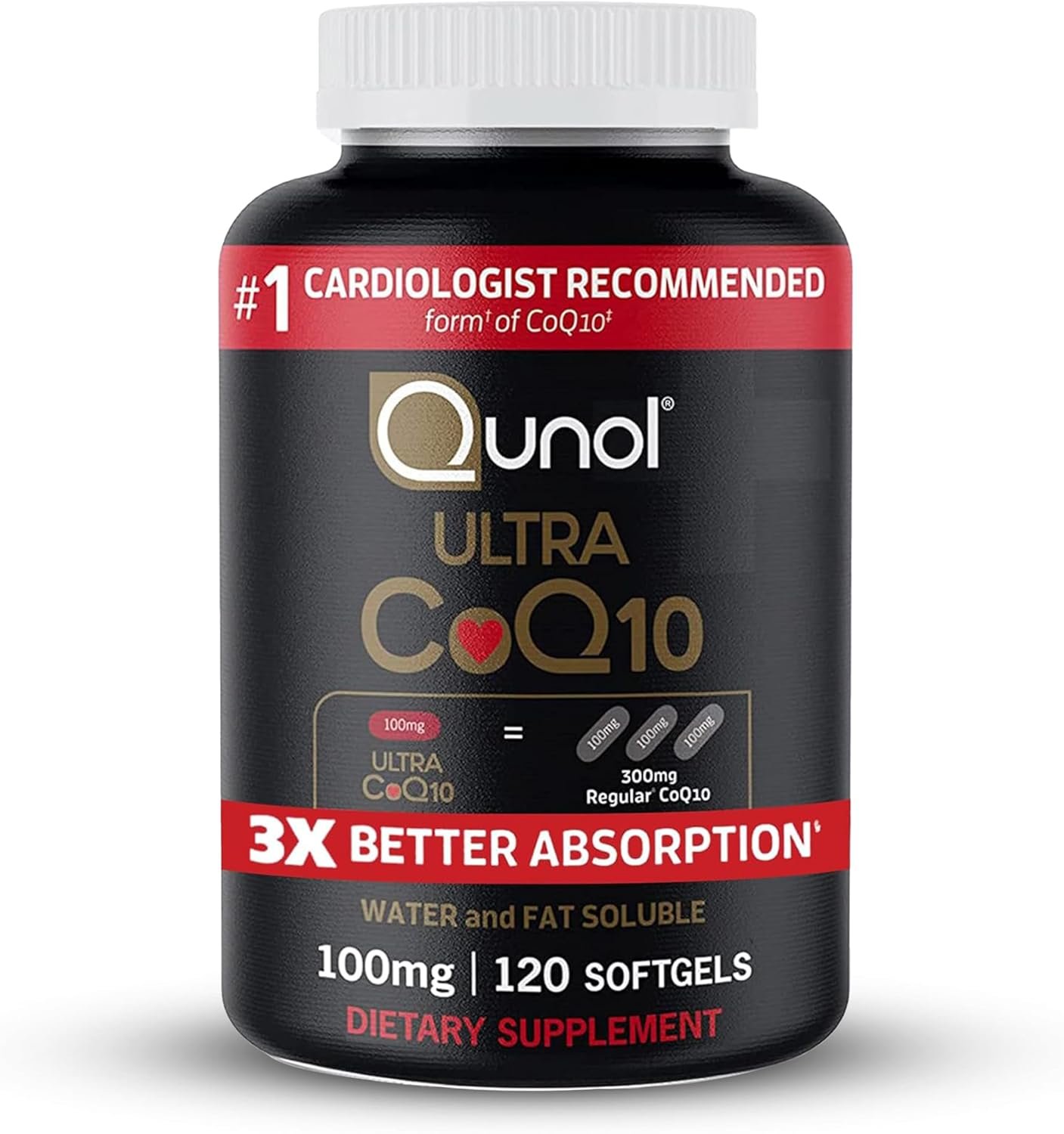 Qunol Ultra CoQ10 100mg, 3x Better Absorption, Patented Water and Fat Soluble Natural Supplement Form of Coenzyme Q10, Antioxidant for Heart Health, 120 Count Softgels