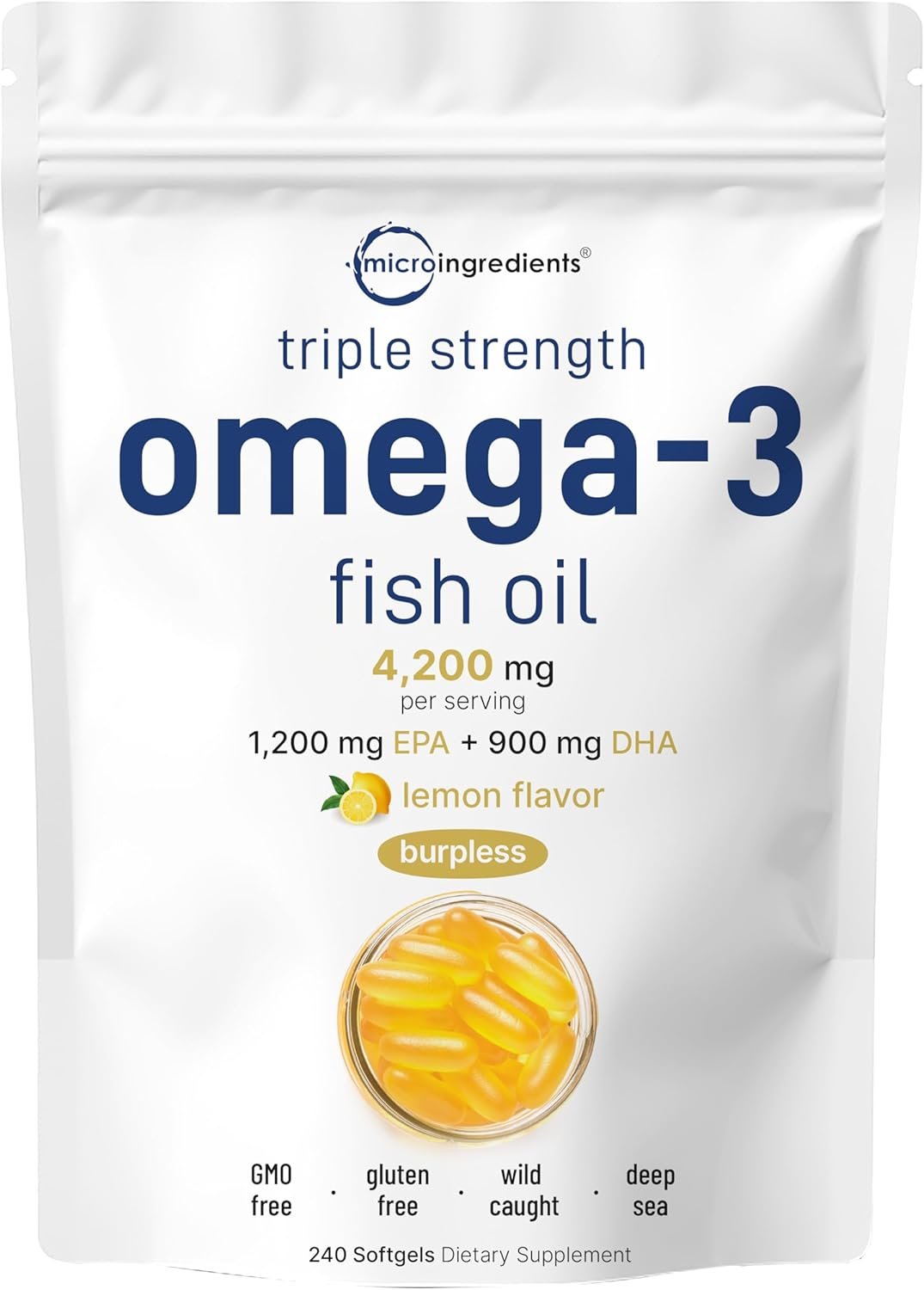 Micro Ingredients Triple Strength Omega 3 Fish Oil Supplements 4200mg Per Serving, 240 Softgels – Lemon Flavored – Burpless | EPA 1200mg + DHA 900mg | Deep Sea Fish