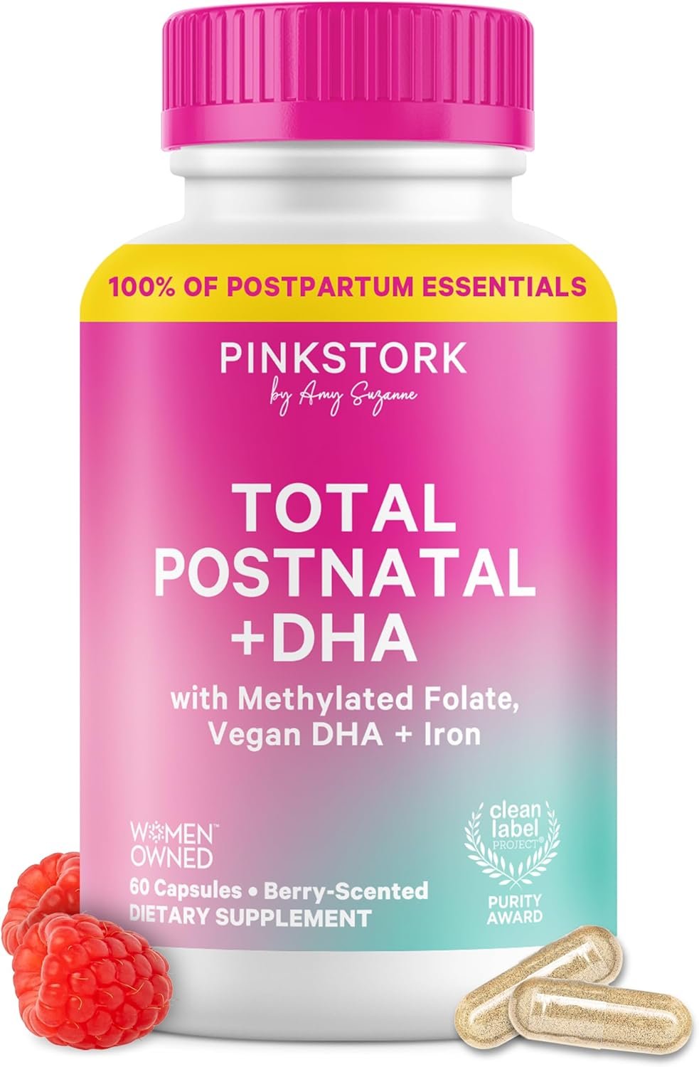 Pink Stork Total Postnatal Vitamins for Women | Vegan DHA, Iron, Folate, B12 | Postpartum Recovery Essentials | Lactation Support for Breastfeeding Moms | Third-Party Tested – 60 Capsules, Berry