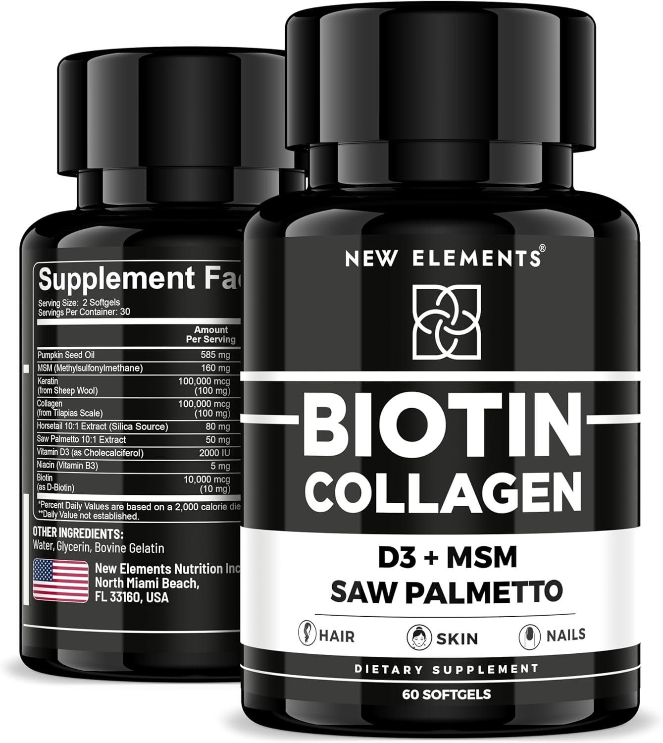 New Elements 9X Hair Skin and Nails Vitamins – Biotin 10 000 mcg with Horsetail Supplement, Collagen, Keratin, Niacin, MSM, D3, Saw Palmetto, Pumpkin Seed Oil | Supports Hair Growth for Men & Women