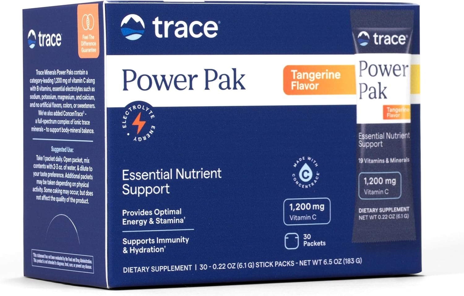 Trace Minerals Power Pak Multivitamin and Multimineral Packets – Electrolyte Support – 1200 mg Vitamin C plus 70+ Trace Minerals – Tangerine Flavor – 30 Packets