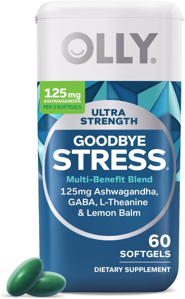 OLLY Ultra Strength Goodbye Stress Softgels, GABA, Ashwagandha, L-Theanine and Lemon Balm, Stress Relief Supplement – 60 Count
