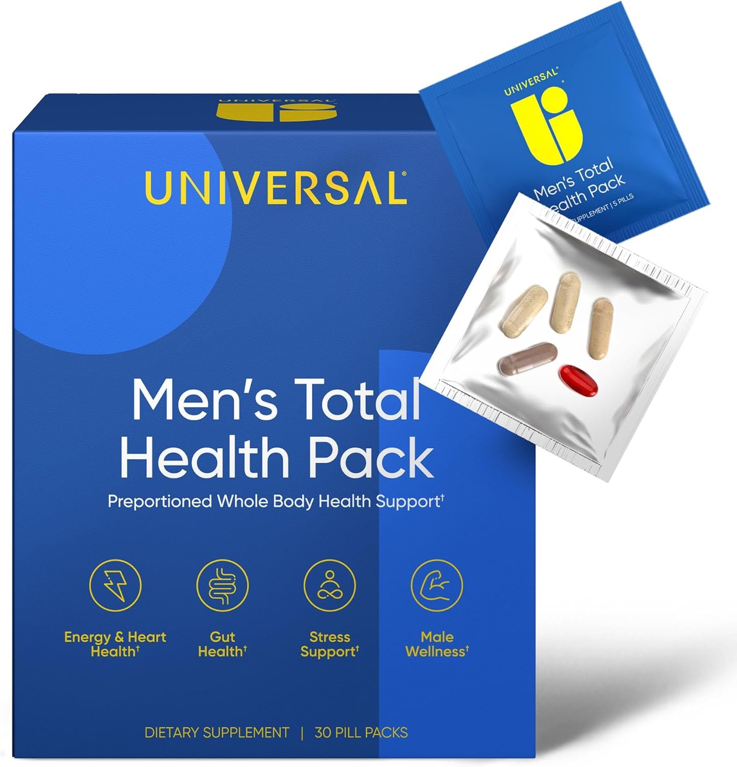 Men’s Total Health Daily Vitamin Packs – 22 Essential Minerals & Vitamins for Men, All-in-One Multivitamin Supplement for Energy, Stress Support, Heart, Gut Health with Krill Oil, Adaptogens – 30 Pack