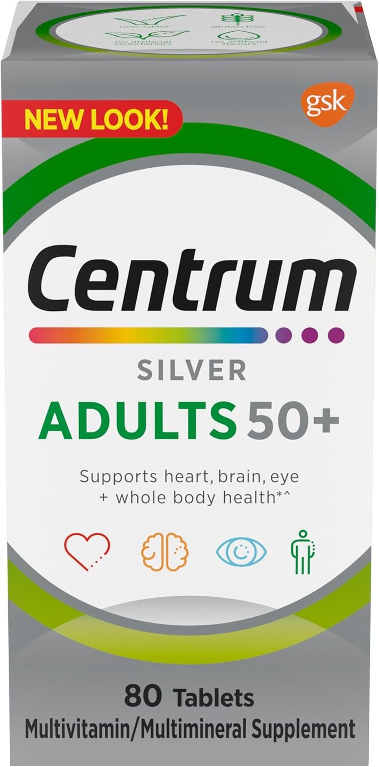Centrum Silver Multivitamin for Adults 50 Plus, Multivitamin/Multimineral Supplement with Vitamin D3, B Vitamins, Calcium and Antioxidants, Gluten Free, Non-GMO Ingredients – 80 Count