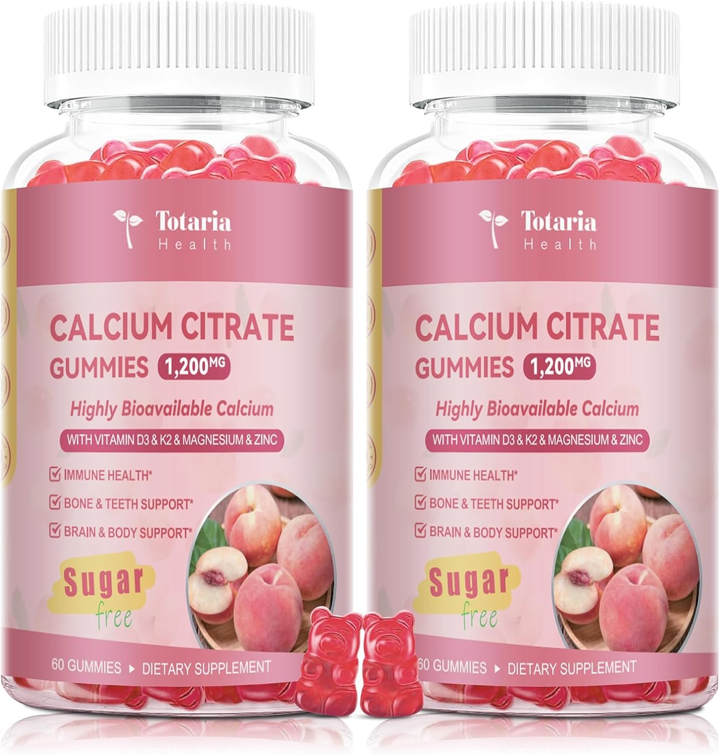 2 Pack Calcium Citrate Gummies 1200 mg – Calcium Supplements for Women with Vitamin D3 & K2,Magnesium,Zinc – Sugar Free Calcium Gummies for Bone & Teeth & Immune Support- Peach Flavor