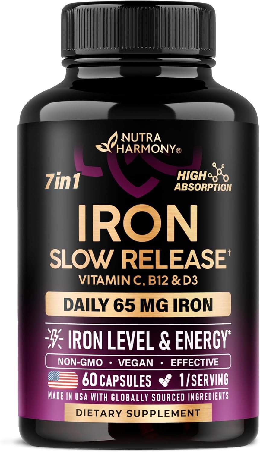 Iron Supplement for Women – Iron 65mg (Ferrous Sulfate 325mg) – Stomach Friendly | Slow Release Iron | High Absorption – Vitamins C, D3, B6, B12 & Folate – Iron Level & Energy Support – 60 Capsules