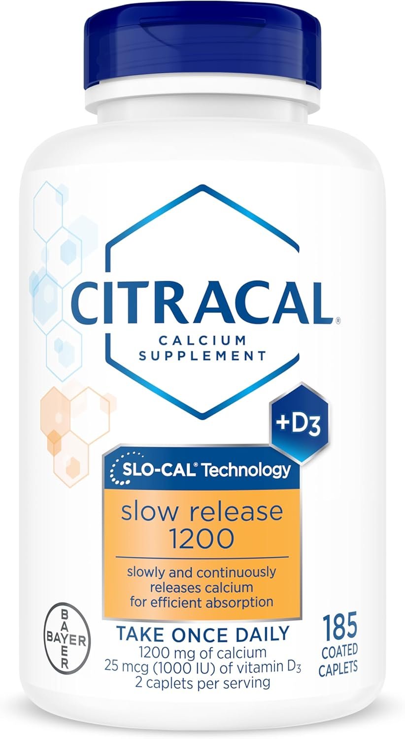 Citracal Slow Release- Calcium 1200 mg with Vitamin D3, Magnesium, Calcium Supplement, Bone Health Support, Take Once Daily Caplet, 185 Count