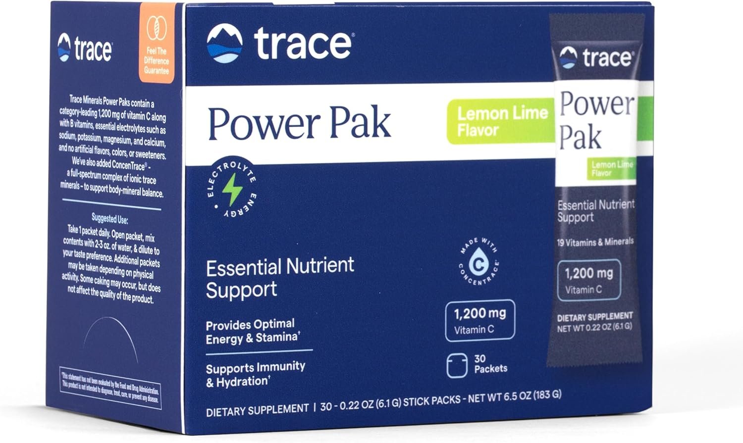 Trace Minerals Power Pak Multivitamin and Multimineral Packets – Electrolyte Support – 1200 mg Vitamin C plus 70+ Trace Minerals – Lemon Lime Flavor – 30 Packets