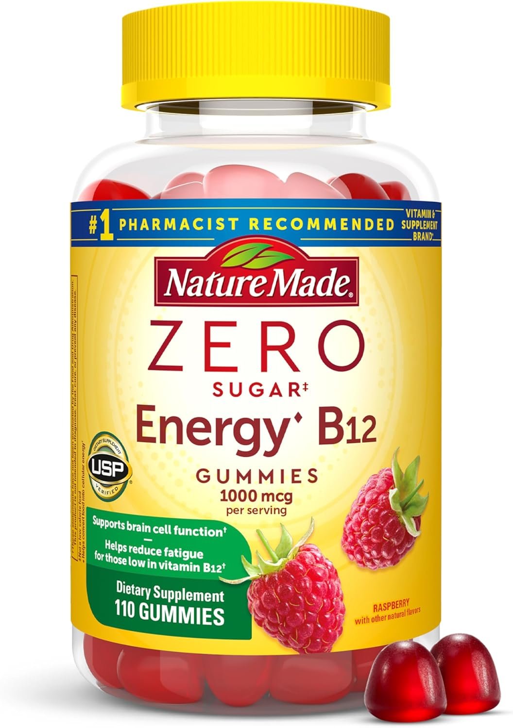 Nature Made Zero Sugar Energy Vitamin B12 Gummies 1000 mcg per Serving, B12 Vitamin, Energy Metabolism Support, Aspartame Free, 110 Sugar Free Gummies, 55 Day Supply