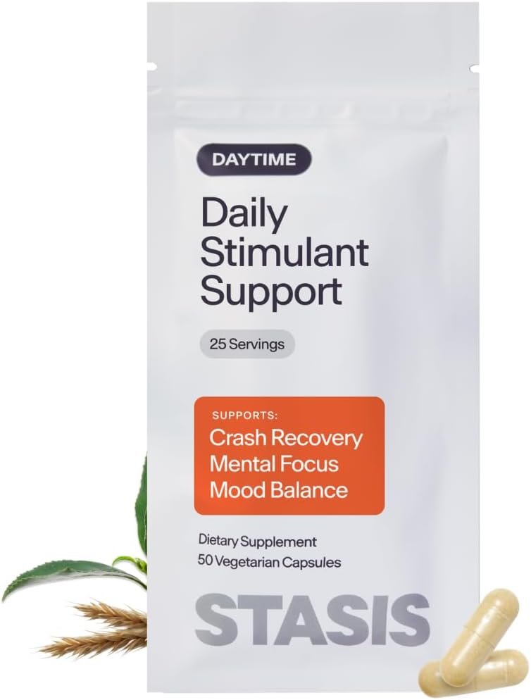 Stasis Daytime Energy & Focus Supplement for Men & Women with Vitamin D3, L Theanine, Ashwagandha & CoQ10, Cognitive Support Capsules for Morning Routines, Vegan, Non GMO, 25 Servings, 1 Month Supply