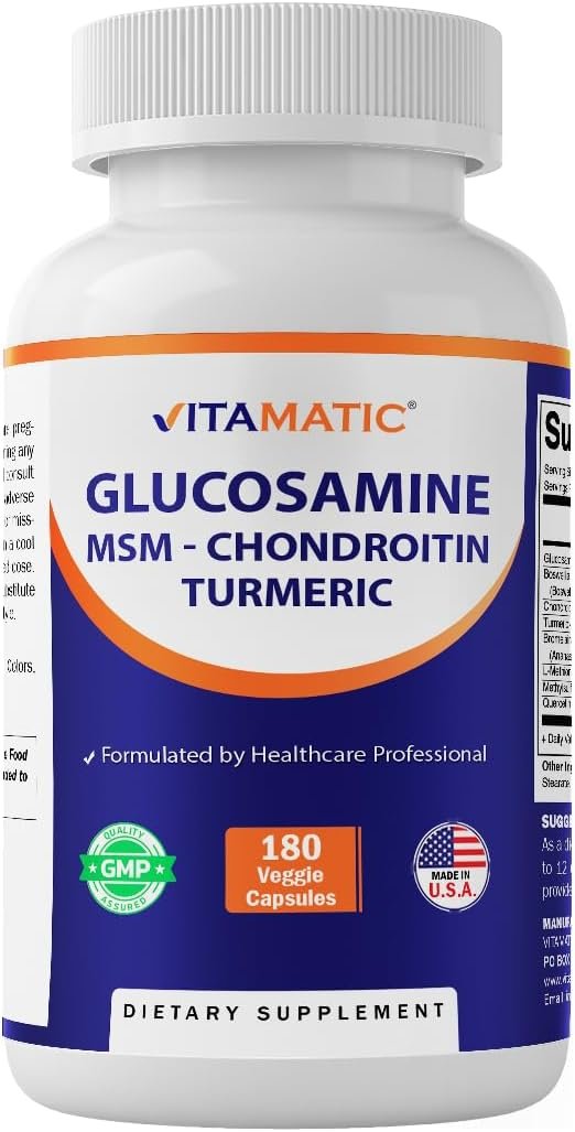 Vitamatic Glucosamine Chondroitin MSM 180 Veggie Capsules – Joint Support Supplement for Women & Men – Shellfish Free, Non-GMO