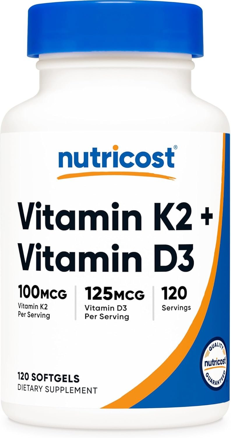 Nutricost Vitamin D3 + K2 (5000 IU D3 / 100mcg MK7), 120 Softgels – Gluten-Free & Non-GMO