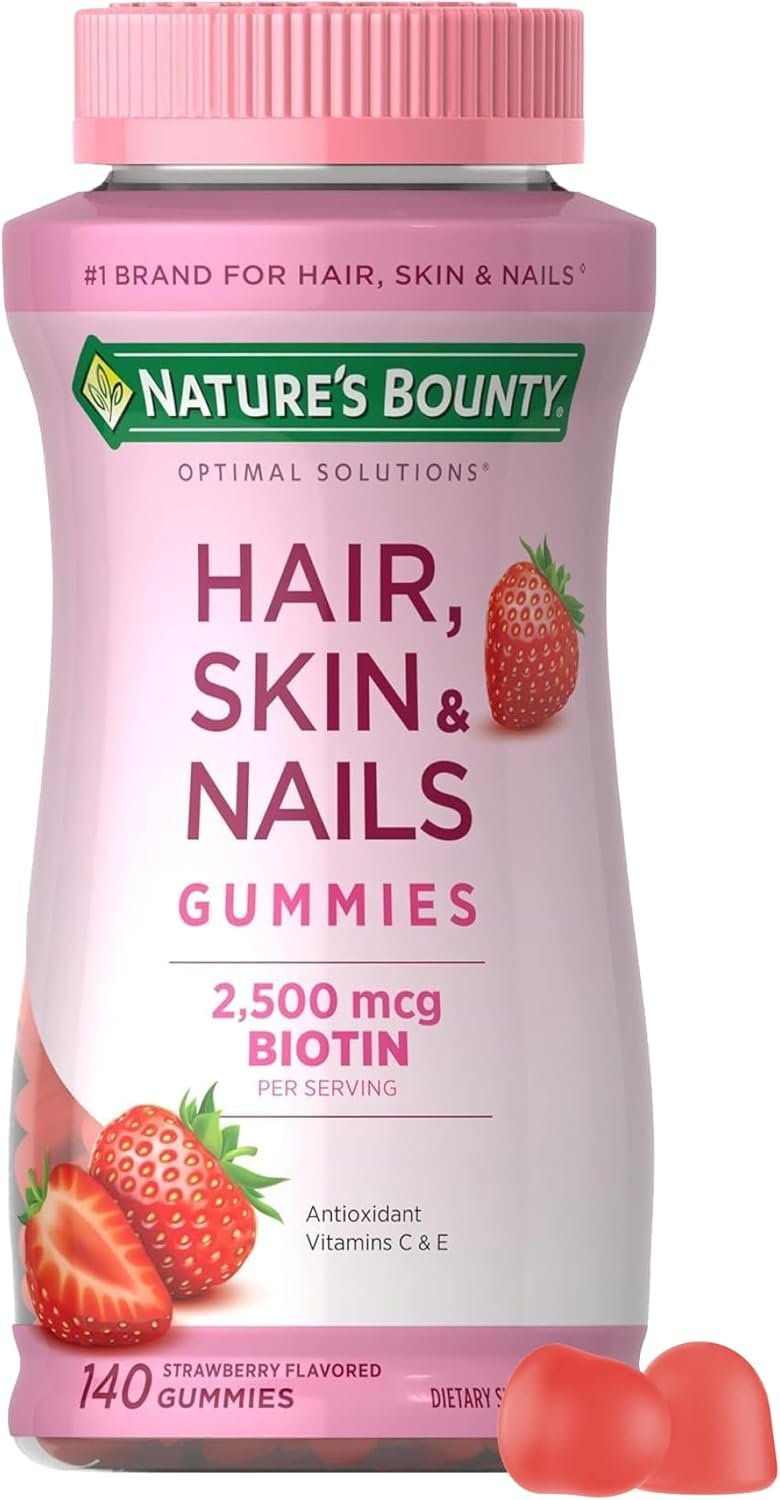 Nature’s Bounty Hair, Skin & Nails with Biotin, Strawberry Gummies Vitamin Supplement, Supports Hair, Skin, and Nail Health for Women, 2500 mcg, 140 Ct, 70 Total Servings
