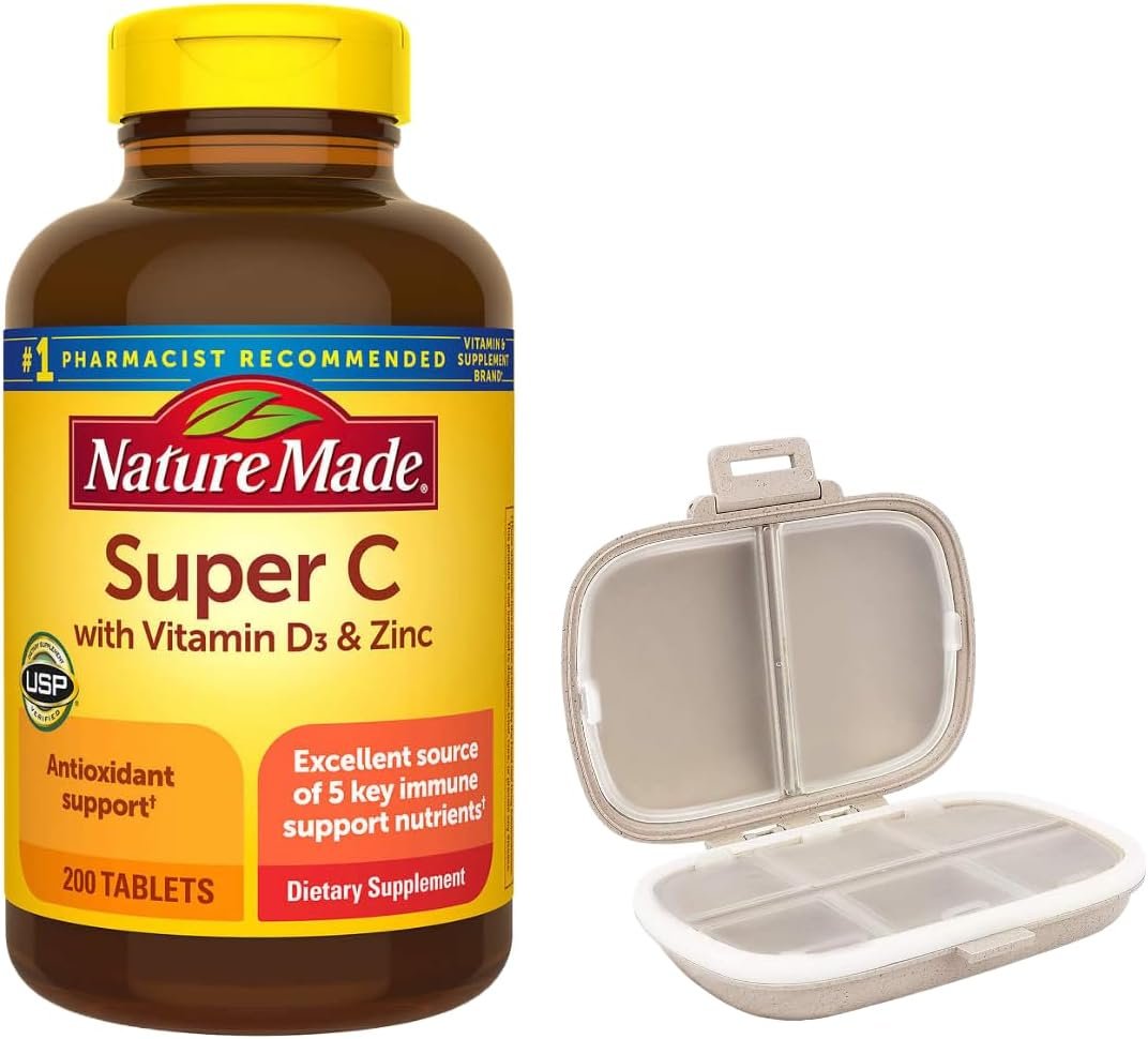 Nature Made Super C with Vitamin D3 and Zinc, 200 Tablets Bundle with a Pill Oragnizer (2 Items)