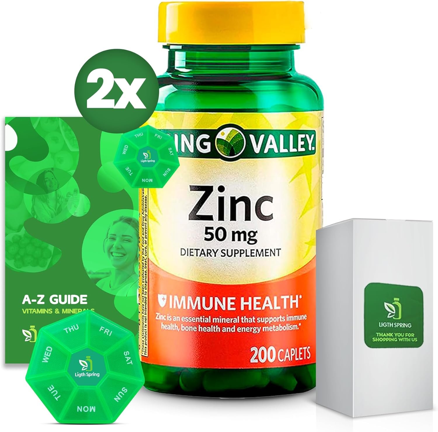 Zinc Dietary Supplement, 50 mg, 200 Count (2 Pack) Bundle with Exclusive Better Ligth&Spring Guide + Weekly Pill Organizer (4 Items)