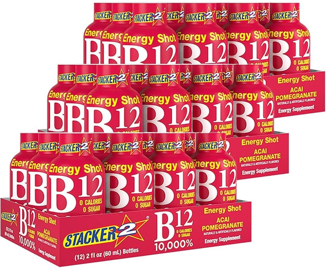 Stacker 2 Vitamin B Complex B12 B6 B3 Liquid Energy Shots – Acai & Pomegranate – Cyanocobalamin, 10,000% DRV – B-6 Pyridoxine 40mg – B3 Niacinamide (Niacin) 20mg – Based Box Bundle (2oz, Pack of 36)