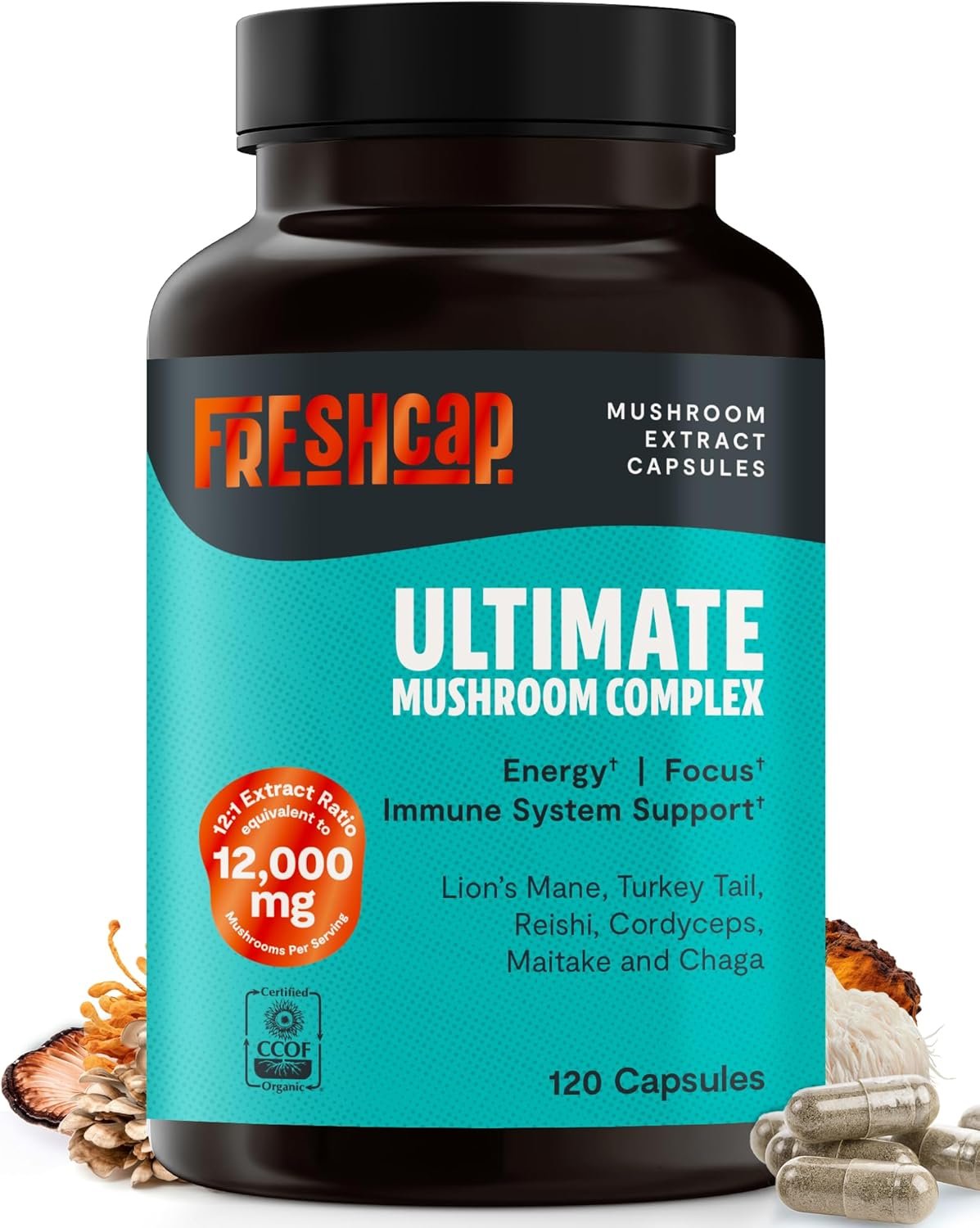 FreshCap Mushrooms Premium Organic Ultimate Mushroom Supplement – 12:1 Fruiting Body Extract with 29% Beta-Glucans – 3rd-Party Tested Nootropic for Energy, Focus & Immune Support (120 Capsules)