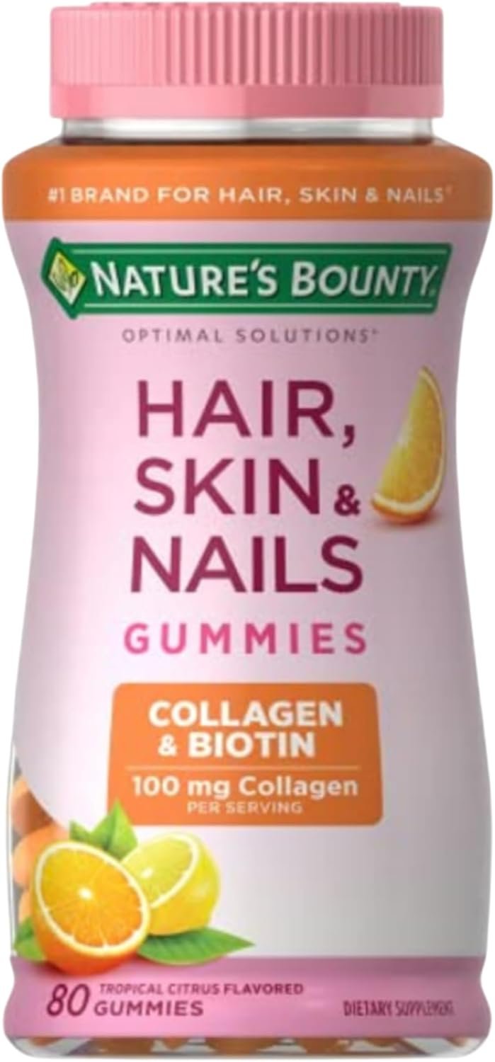 Nature’s Bounty Optimal Solutions Hair, Skin & Nails with Biotin and Collagen, Citrus-Flavored Gummies Vitamin Supplement, 2500 mcg, 80 Ct, 40 Total Servings