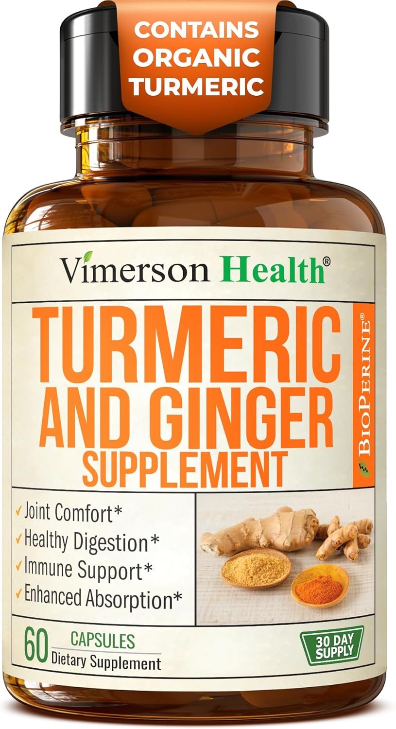 Turmeric Curcumin Supplement with Ginger Root for Joint Support, Digestive & Gut Health – Contains Organic Turmeric Curcumin with Black Pepper (Bioperine) for Enhanced Absorption – 60 Capsules