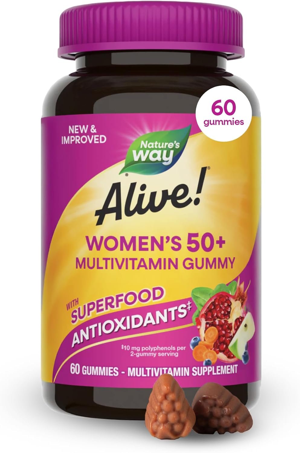 Nature’s Way Alive! Women’s 50 Plus Multivitamin Gummy, Daily Chewable Multivitamins with B-Vitamins, Vitamin D3, Calcium, Supports Heart, Brain & Bone Health,* Mixed Berry Flavored, 60 Count