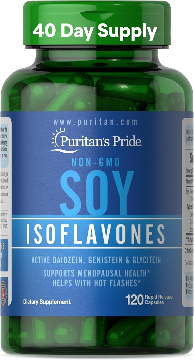 Puritan’s Pride Non-GMO Soy Isoflavones 750mg, Dietary Supplement with Active Daidzein, Genistein, and Glycitein Supports Menopause and Hot Flashes, 120 Rapid Release Capsules