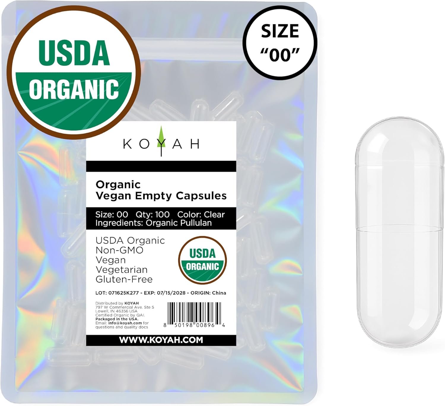 KOYAH – Certified Organic Empty Pullulan Capsules: Size 00, Vegan, Gluten-Free, Non-GMO, Allergen Free – Ideal for DIY Supplements (100 Count)