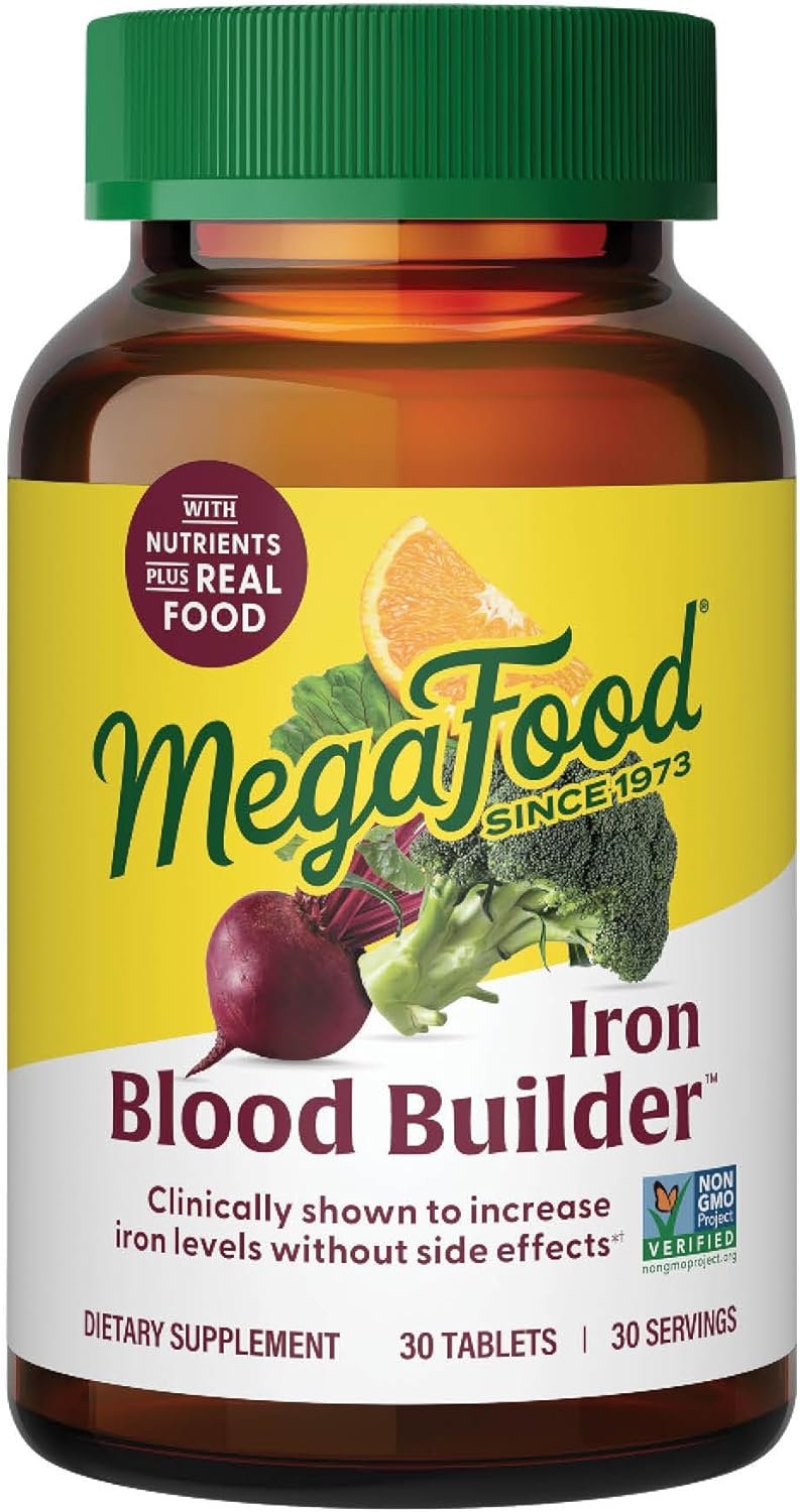 MegaFood Blood Builder Iron Supplement for Women & Men – Increase Iron Levels Without Side Effects – Combats Fatigue – with Vitamin B12, Folic Acid & Vitamin C for Absorption – Vegan – 30 Tablets
