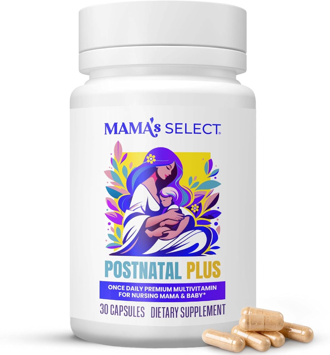 Mama’s Select Postnatal Vitamins – Boosts Hair Recovery, Milk Supply, & Wellness – Allergen-Free, Vegan, MTHFR Friendly, Methylated Folate & B Vitamins, Easy-to-Swallow, No Biotin – 30 Capsules