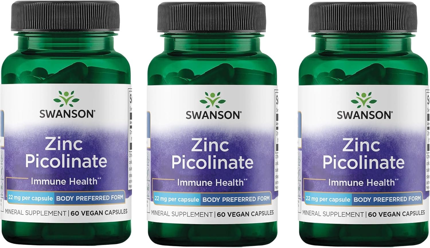Swanson Zinc Picolinate Chelated Mineral Supplement for Adults Seeking Immune, Vision, and Prostate Support – Body-Preferred Form – 22 mg (60 Vegan Capsules, 3 Pack)