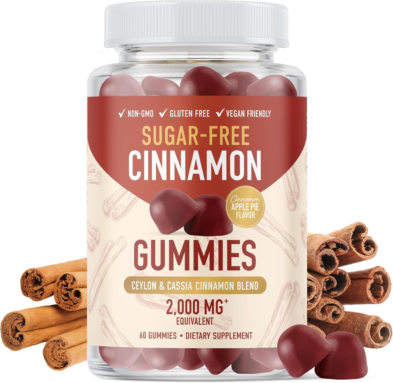 Sugar-Free Cinnamon Gummies 2000MG with Ceylon Cinnamon & Cassia Complex | Sugar-Free Lifestyle Supplement & Guilt-Free Apple Pie Flavor with Chromium | Vegan, Non-GMO, Gluten-Free | 60 Gummies