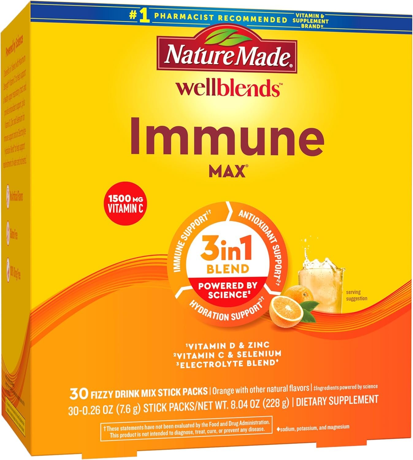 Nature Made Wellblends ImmuneMAX Fizzy Drink Mix, Vitamin C 2000mg with Zinc 20 mg, Vitamin D3 1000 IU (25 mcg), plus Seven B Vitamins and Electrolyte Hydration Blend, 30 Stick Packs