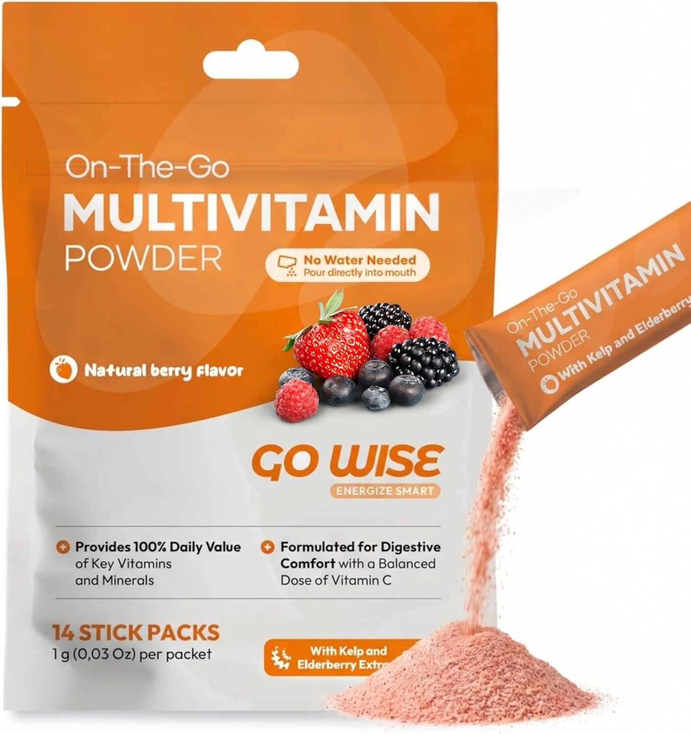 Go Wise On The Go Multivitamin Powder, 14 Vegan Daily Vitamin Packets for Men & Women, Natural Berry Flavor, Gluten-Free Energy & Immune Support Supplement, Convenient Travel Vitamin Stick Packs