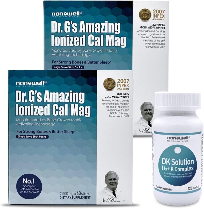Dr. G’s Amazing Ionized Cal Mag – Bone Health Calcium Magnesium Powder Supplement – 60 Sticks x 2 Packs + 1 Bottle of DK Solution