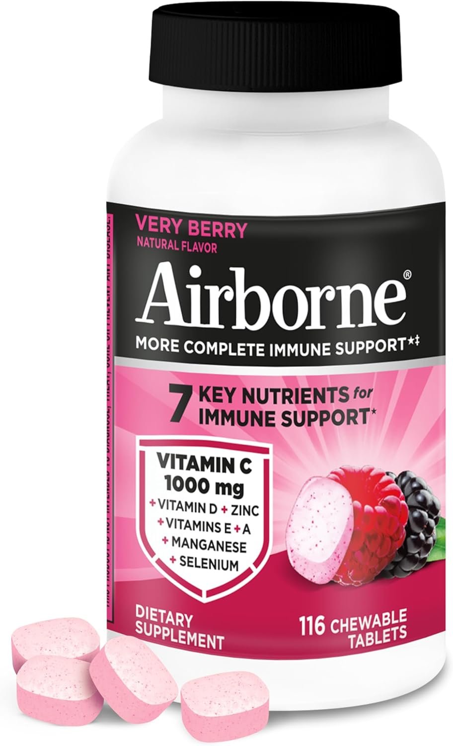 Airborne 1000mg Vitamin C + Zinc Immune Support Supplement Chewable Tablets, Very Berry Flavor with Powerful Antioxidants Vitamins A C & E, 116 Chewable Tablets