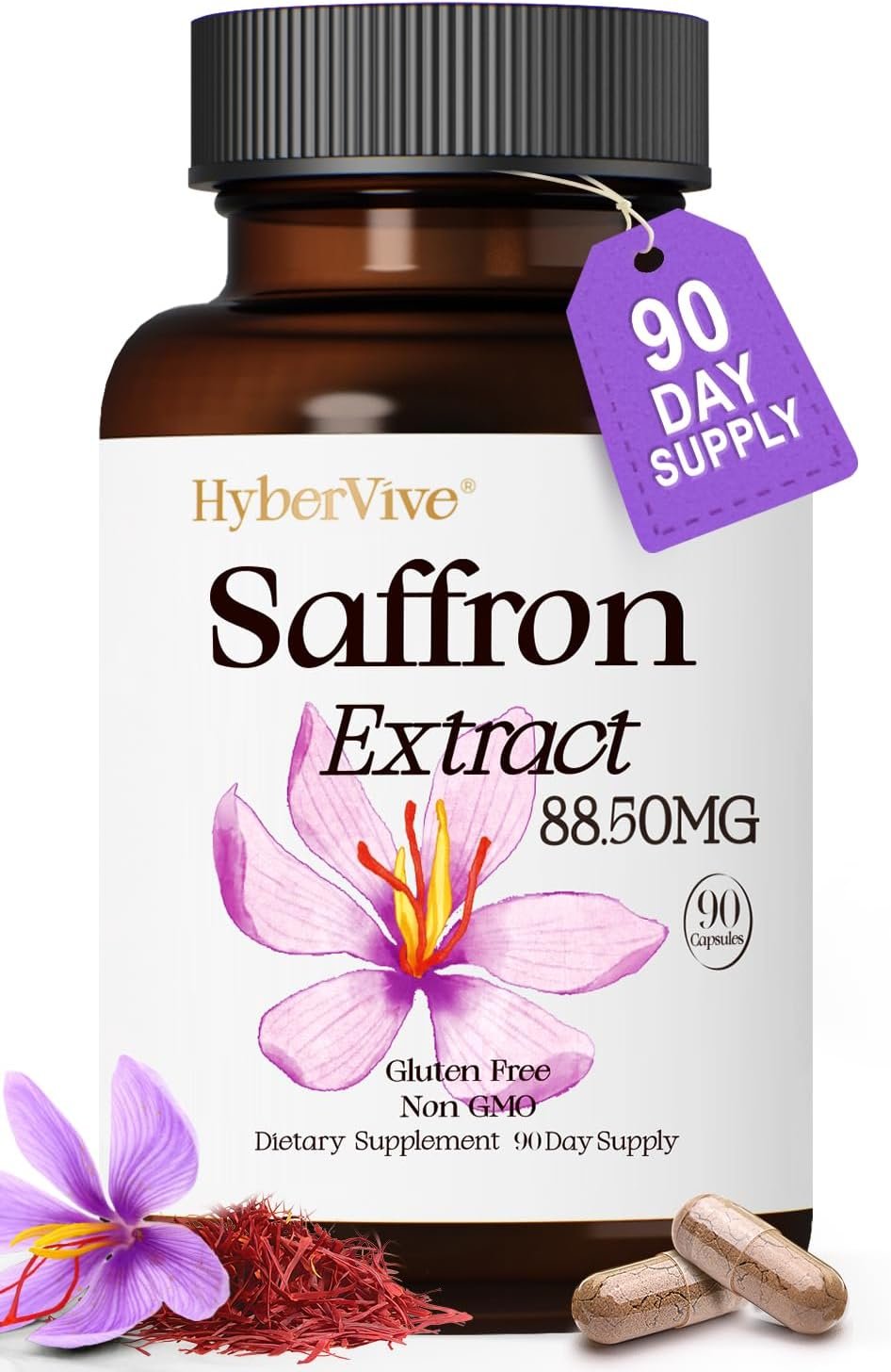 Saffron Supplements 88.5MG | 90 Vegan Capsules, Happy Saffron Extract for Mood Energy Eye Focus Support for Women & Men, 100% Pure Ingredients, Made in USA, Non-GMO & Gluten-Free