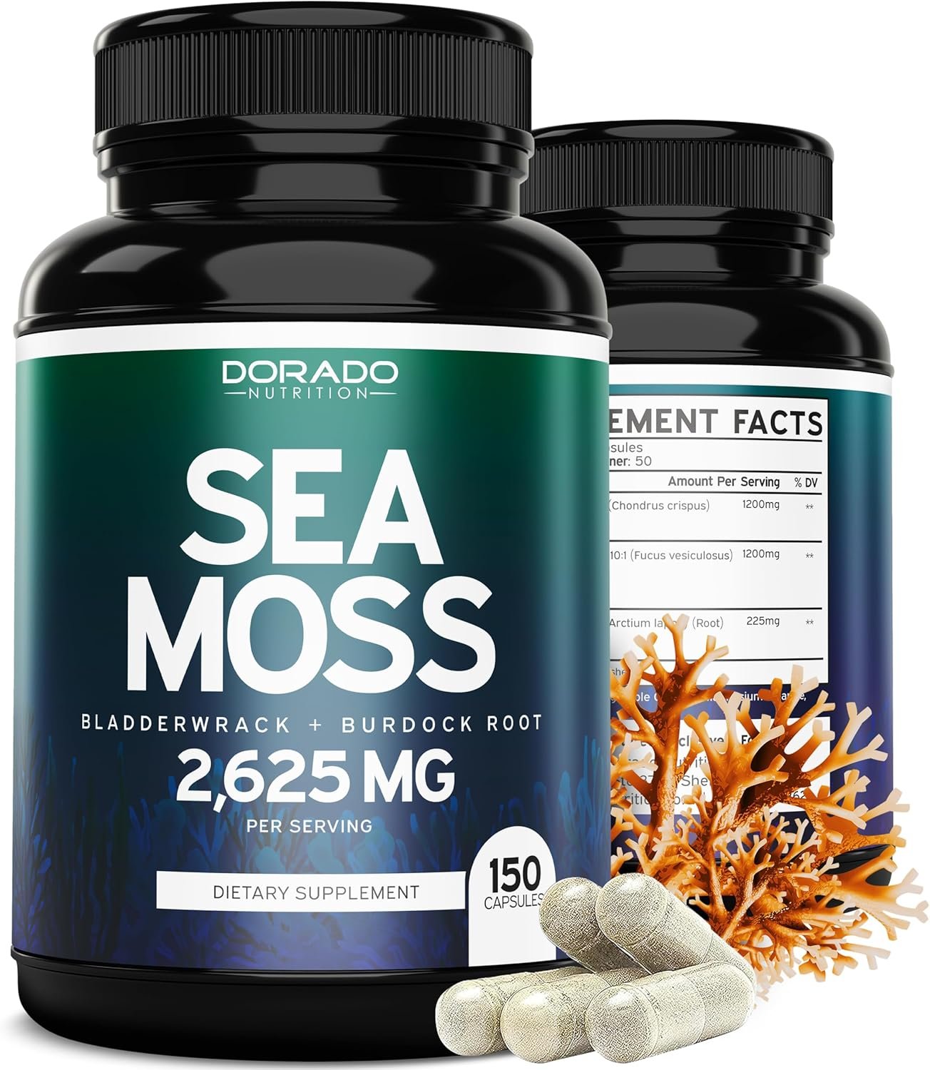 Irish Sea Moss Capsules 2,625mg (150 Capsules) with Bladderwrack & Burdock Root – Raw Seamoss Pills for Thyroid, Energy, & Immune Support – Third Party Tested, No Fillers, Vegan Safe, Made in USA
